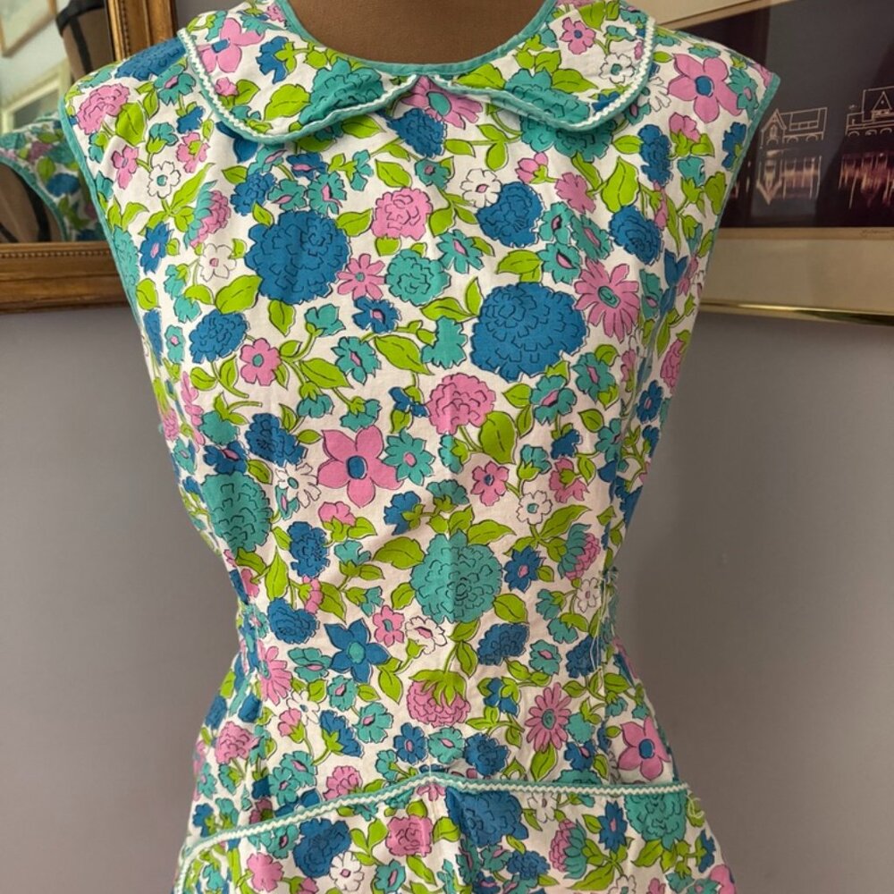 Lovely Vintage 1950/1960 Apron Smock Blouse Top Psychedelic Floral Cotton S/M